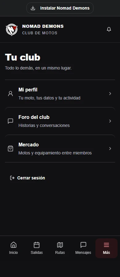 Pantalla real de la app Nomad Demons: Tu club, con acceso al perfil, foro y mercado
